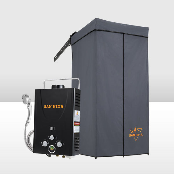 San Hima Shower Awning Tent Instant Ensuite Fold-Out & 8L Gas Hot Water Heater