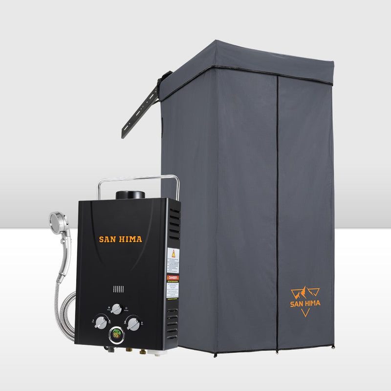 San Hima Shower Awning Tent Instant Ensuite Fold-Out & 8L Gas Hot Water Heater