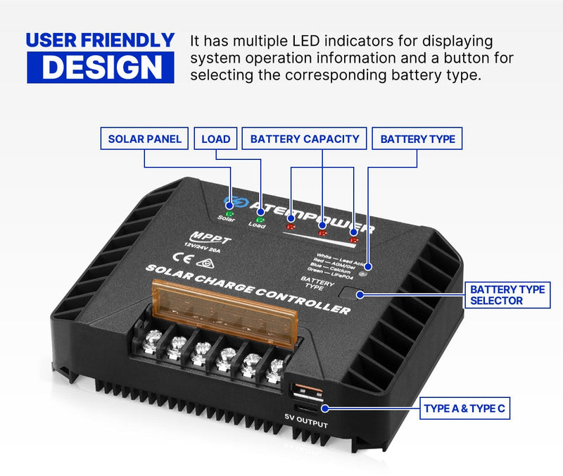 ATEM POWER 20A MPPT Solar Charge Controller  Regulator 12V/24V Lithium Compatible