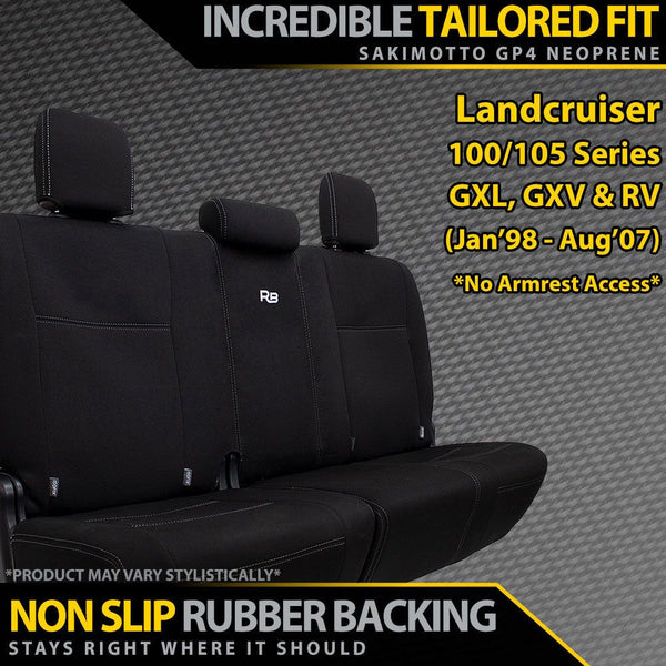 Razorback 4x4 GP4 Standard Neoprene Rear Row Seat Covers suitable for a Toyota Landcruiser 100/105 Series GXL, GXV & RV