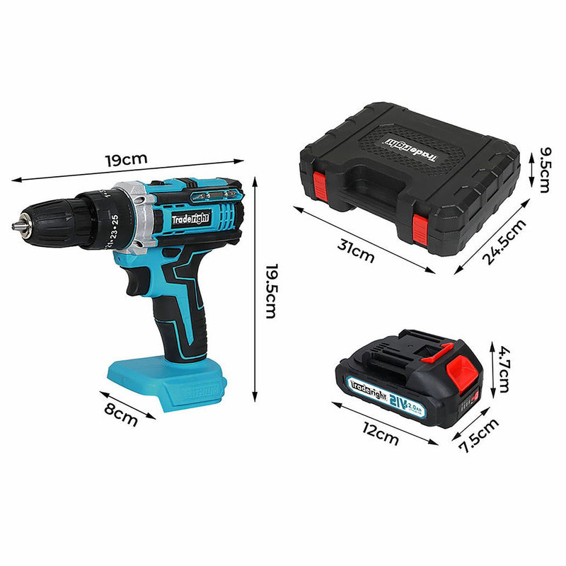 Traderight 21V Cordless Drill Driver Kit Impact Hammer with 2×2.0Ah Batteries