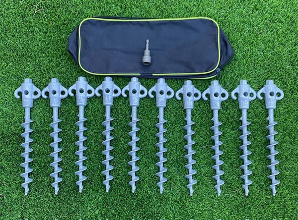 Screw in Pegs Package 10 x 295mm Long 2 x 365mm Long Includes 17mm Drill Adapter & Canvas Bag Tents Camping