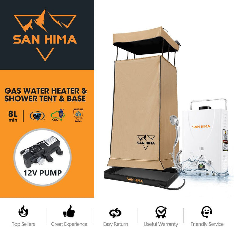 San Hima Camping Shower Tent Brown &Gas Hot Water Heater White &Shower Tent Base