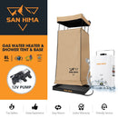 San Hima Camping Shower Tent Brown &Gas Hot Water Heater White &Shower Tent Base