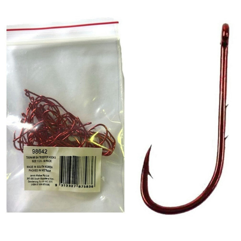 50 Pack of Tsunami Size 1 Chemically Sharpened Red Baitkeeper Hooks