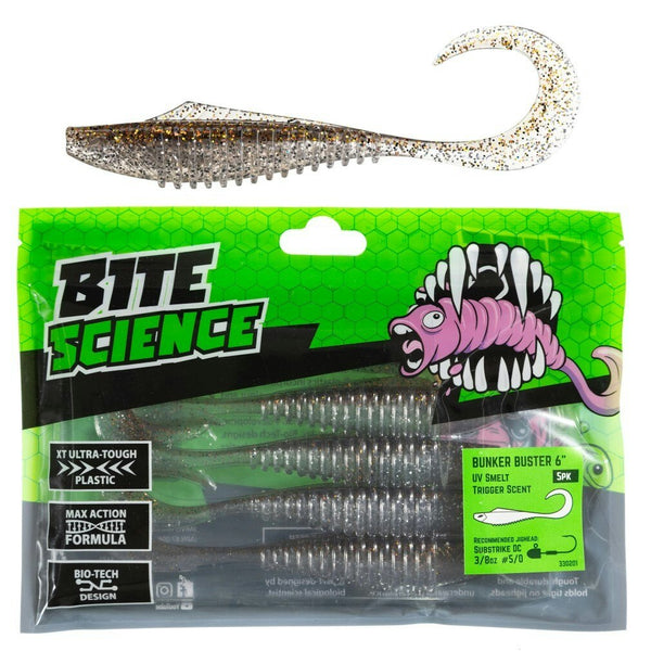 5 Pack of 6 Inch Bite Science Bunker Buster Soft Plastic Lures - UV Smelt