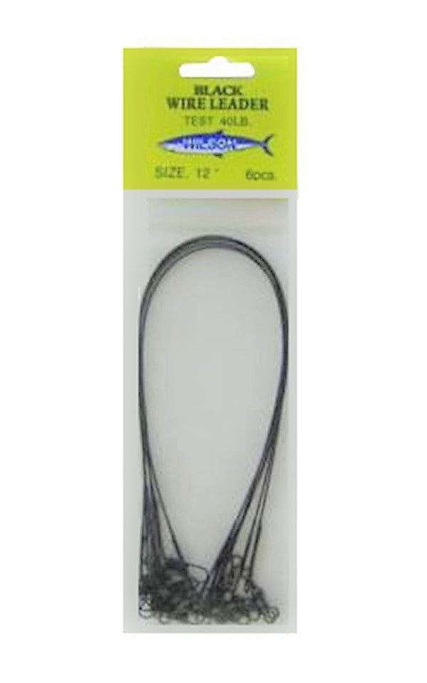 6 x Wilson 12 Inch x 40lb Black Wire Fishing Trace with Barrel Swivel & Interlock Snaps