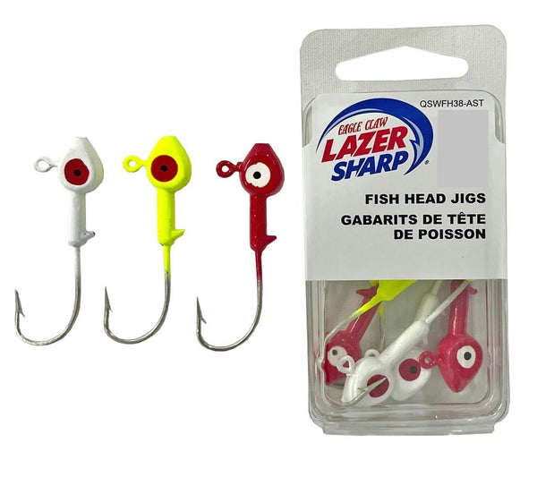 10 Pack of 1/8oz Size 1/0 Eagle Claw Lazer Sharp Fish Head Jigs-Assorted Colours