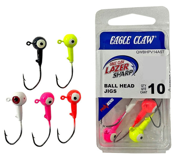 10 Pack of 1/8oz Size 1/0 Eagle Claw Lazer Sharp Ball Head Jigs-Assorted Colours