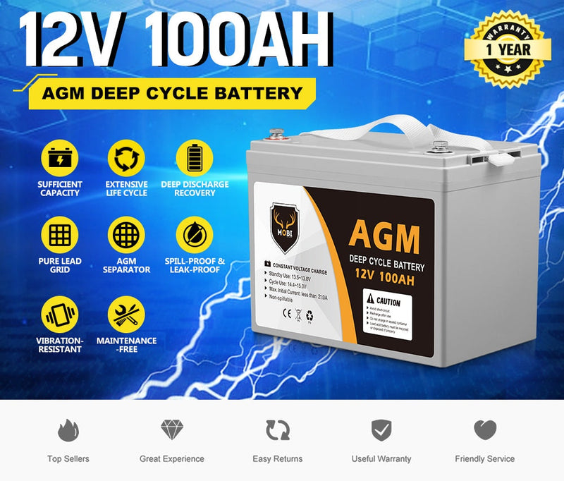 12V 100AH AGM Battery Slim Deep Cycle Battery Portable Sealed Marine