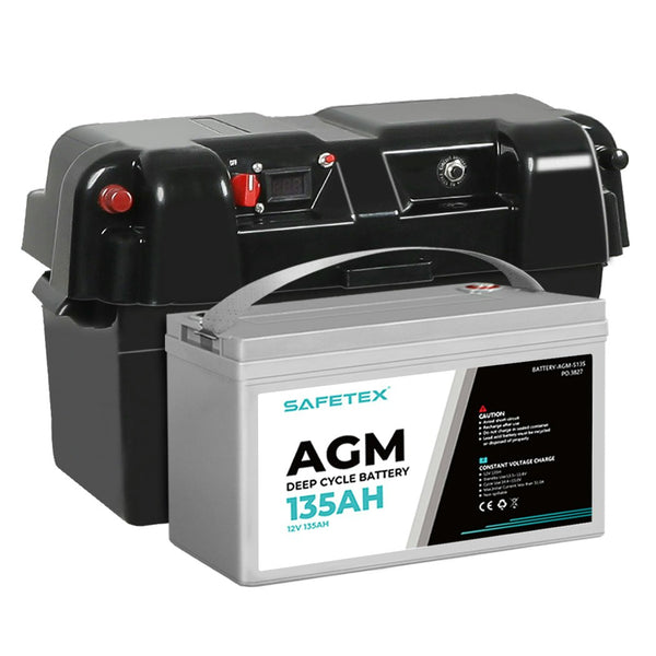 12V 135Ah AGM Battery Outdoor Rv Marine 4WD Deep Cycle & W/ Strap Battery Box