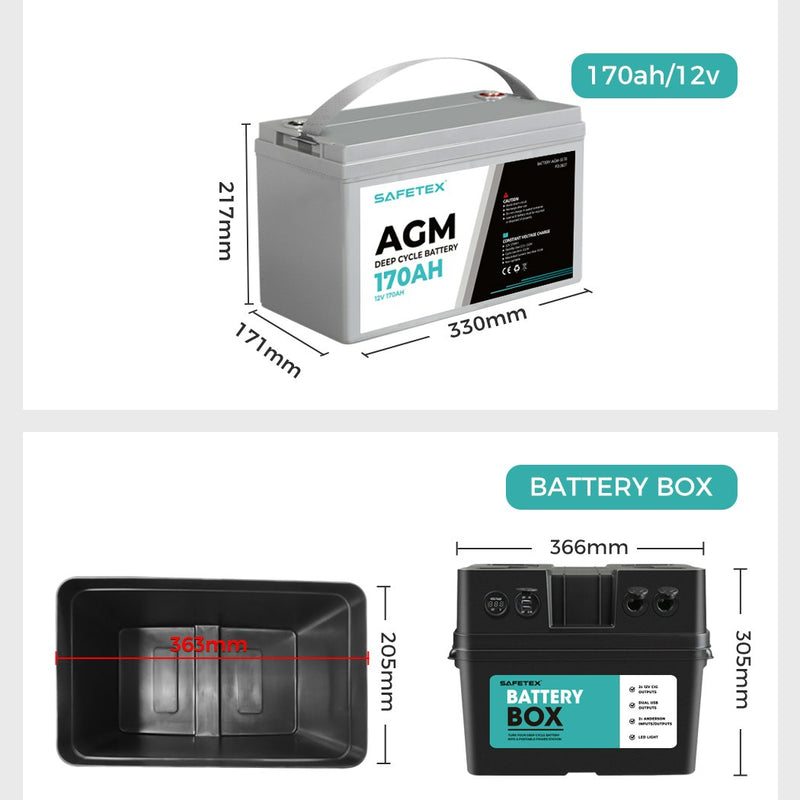 AGM Battery Deep Cycle 170Ah with 12V Battery Box Anderson Plug USB LED Light