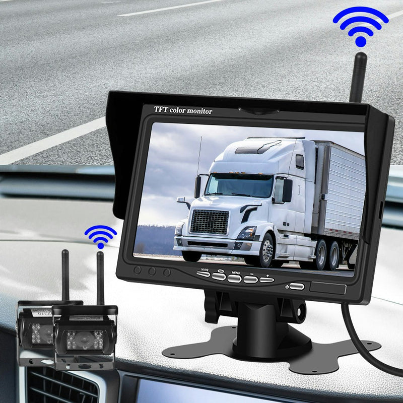 7" Wireless Rear View Monitor +2 WIFI Reverse Camera Kit Caravan Bus Truck 12V