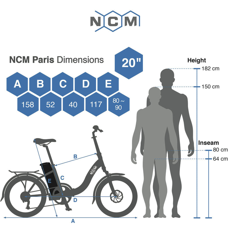 NCM Paris Folding E-Bike 250W-350W, 36V 15Ah 540Wh Battery, Size 20"