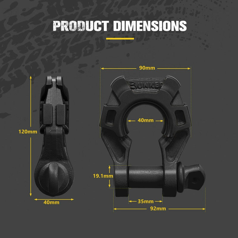 Bunker Indust Pair Bow Shackle 4.75Ton Rated 3/4” D-Ring Black with Isolator