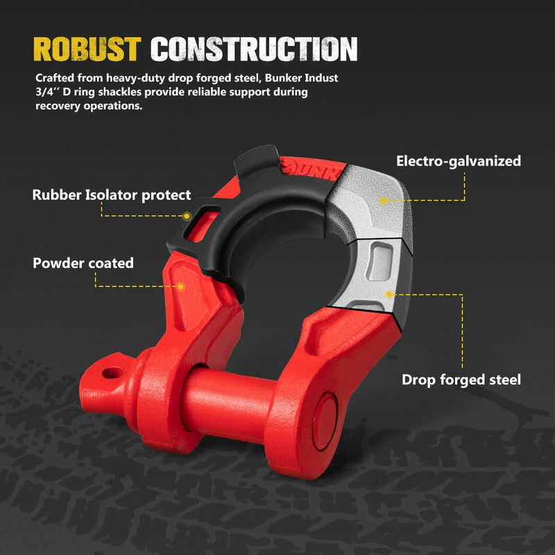 Bunker Indust Pair Bow Shackle 4.75Ton Rated 3/4” D-Ring Red with Isolator