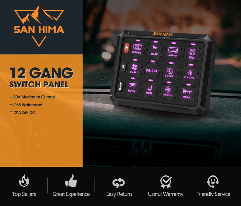 San Hima 12 Gang&nbsp;Bluetooth Switch Panel 12V/24V ON-OFF LED Control For Boat Car