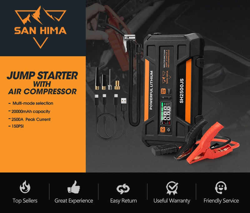 San Hima 12V Jump Starter With Air Compressor 2500A Portable Power Bank Pack