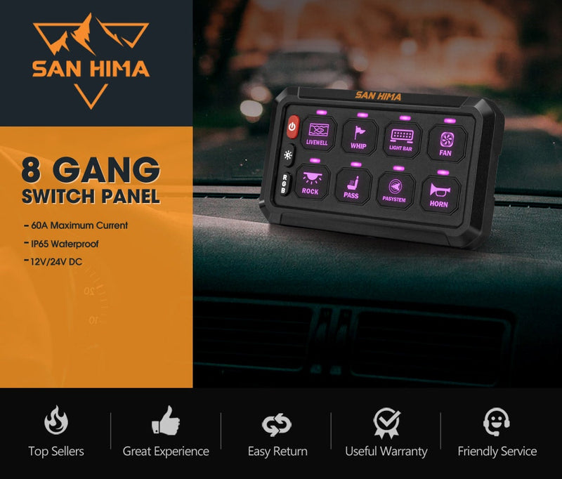 San Hima 8 Gang&nbsp;Bluetooth Switch Panel 12V/24V ON-OFF LED Control For Boat Car