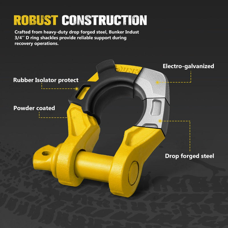 Bunker Indust Pair Bow Shackle 4.75Ton Rated 3/4” D-Ring Yellow with Isolator