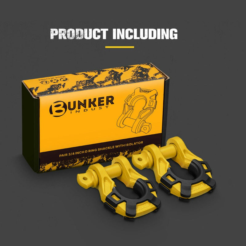 Bunker Indust Pair Bow Shackle 4.75Ton Rated 3/4” D-Ring Yellow with Isolator