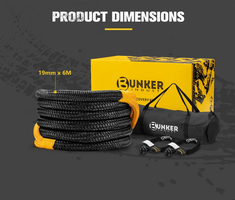 Bunker Indust 6M Kinetic Recovery Rope 8,482kg Snatch Strap Soft Shackle