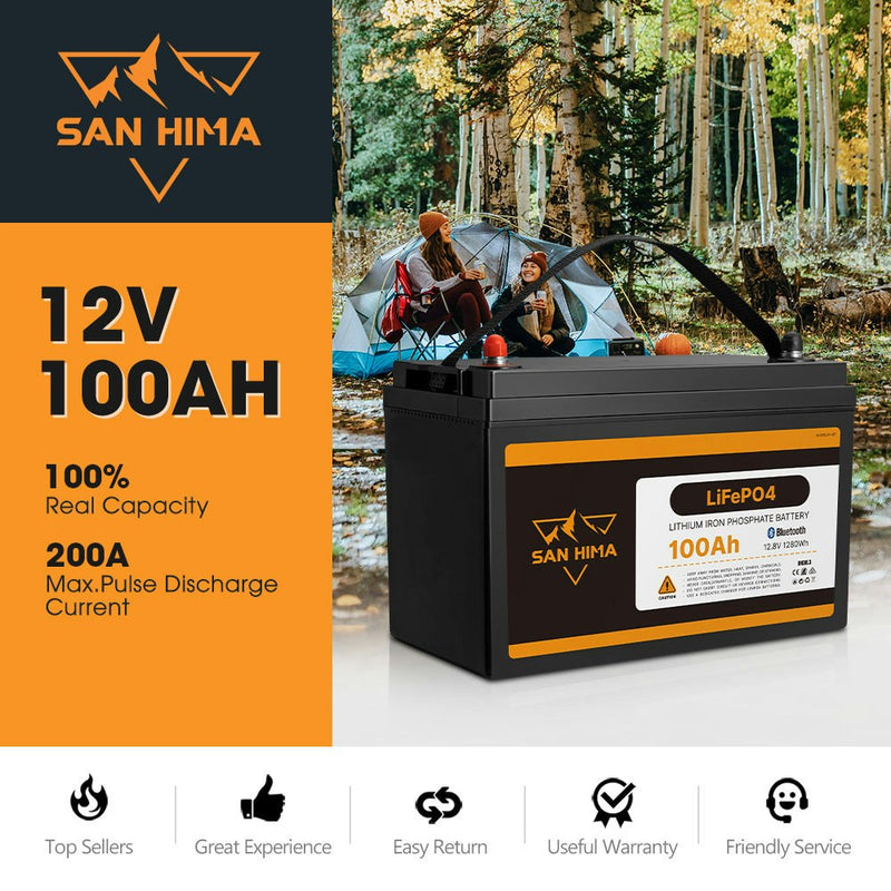 San Hima 12V 100Ah Lithium Iron Phosphate Battery LiFePO4 w/ Built-in BMS Bluetooth