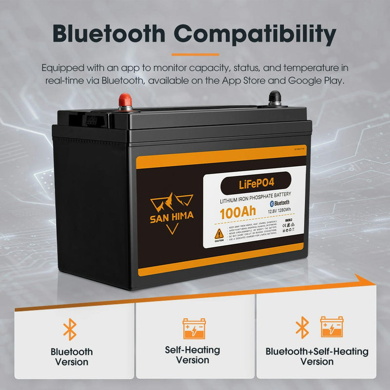 San Hima 12V 100Ah Lithium Iron Phosphate Battery LiFePO4 w/ Built-in BMS Bluetooth