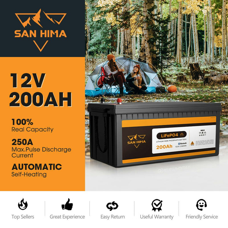 San Hima 12V 200Ah Lithium Iron Phosphate Battery LiFePO4 w/ Self-heating Function & Bluetooth