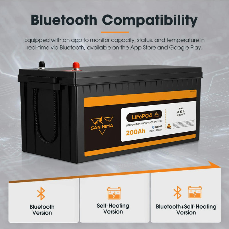 San Hima 12V 200Ah Lithium Iron Phosphate Battery LiFePO4 w/ Self-heating Function & Bluetooth