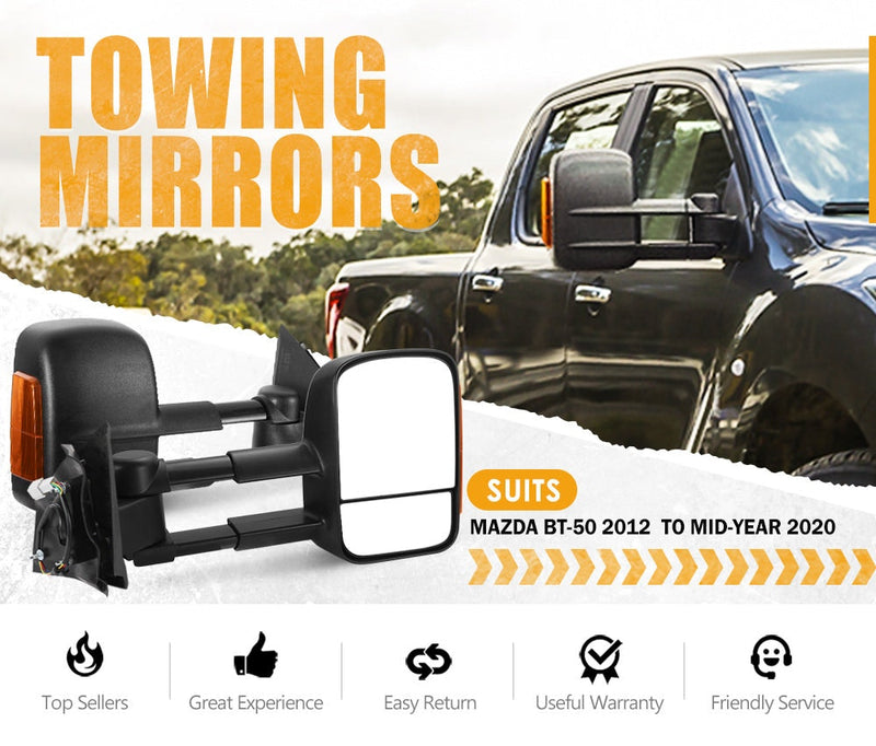 San Hima Extendable Towing Mirrors for Mazda BT-50 2012 to Mid-Year 2020 Black