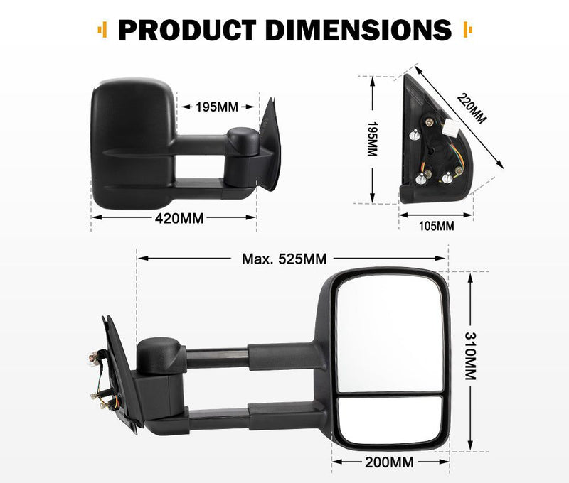 San Hima Pair Extendable Towing Mirrors Gen1 Fit Ford Ranger 2009-2011
