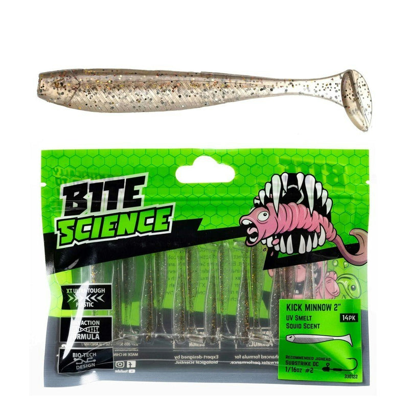 14 Pack of 2 Inch Bite Science Kick Minnow Soft Plastic Lures - UV Smelt