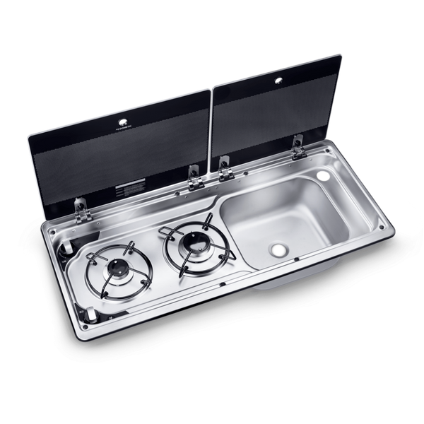 Dometic MO 9722R Two-burner hob and sink combination with glass lid, 760 x 325 mm