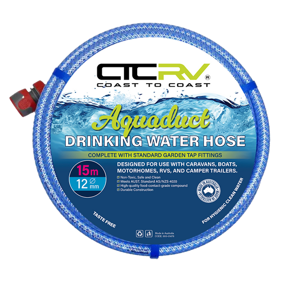 COAST RV Aquaduct 15m Blue Drinking Water Hose with Kit Fittings - 12mm