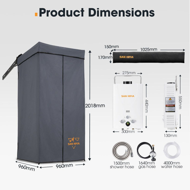 San Hima Shower Awning Tent Instant Fold-Out Ensuite & 8L Gas Hot Water Heater