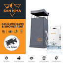 San Hima Camping Shower Tent Awning Fold-Out & 8L Gas Hot Water Heater