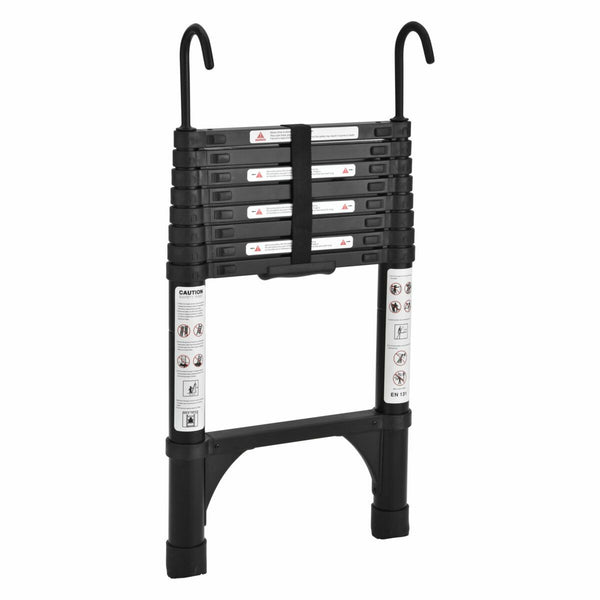 Black 2.6m Portable telescopic ladder with Hooks and carry bag