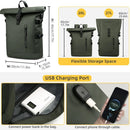 Expandable Waterproof Backpack Roll-Up Design with USB Charging Port Green