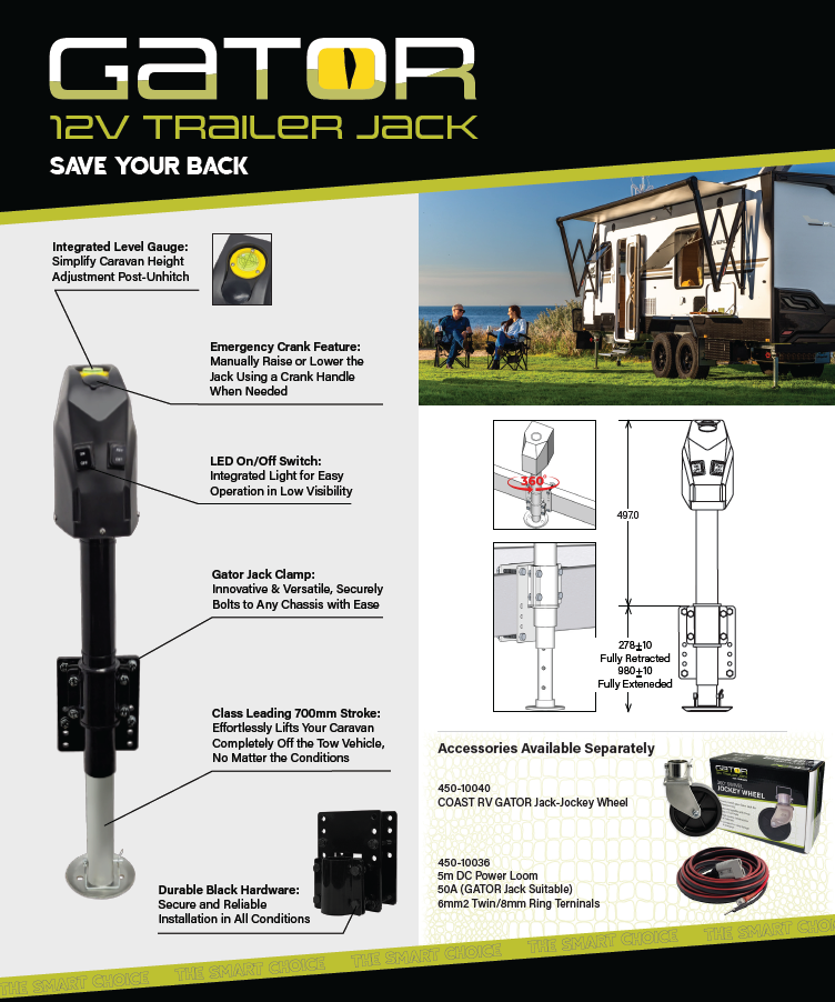 Coast RV Gator 12V Trailer Jack with Clamp | 1800KG Cap | 355mm Lift