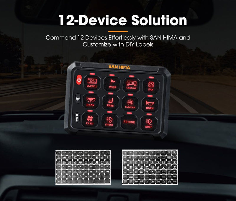 San Hima 12 Gang&nbsp;Bluetooth Switch Panel 12V/24V ON-OFF LED Control For Boat Car