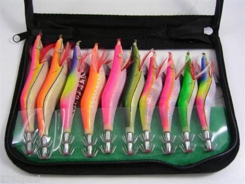 10 X Assorted Premium Squid Jigs In Zip Up Pouch - Large