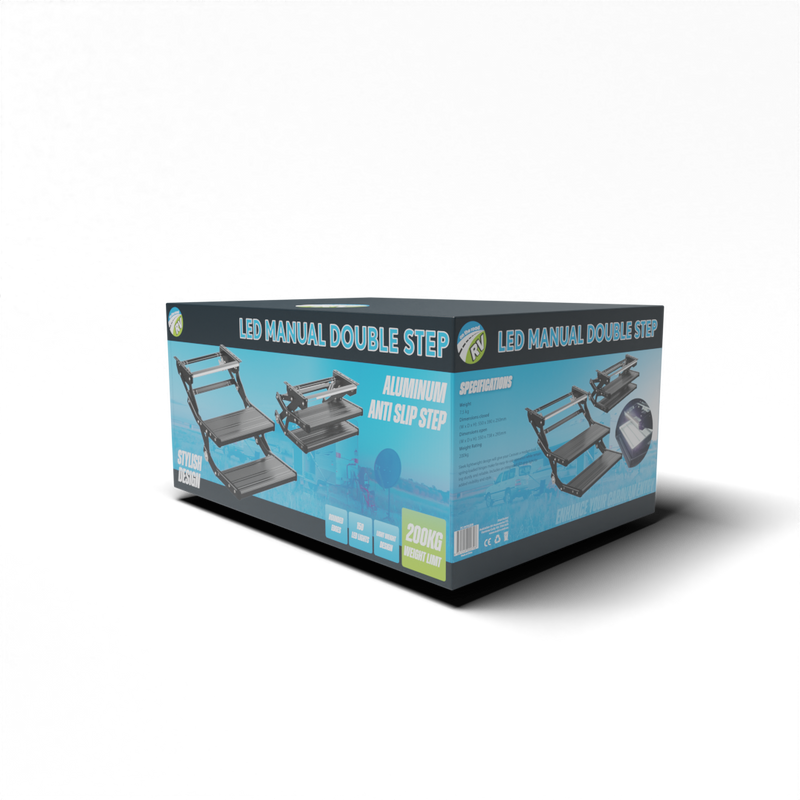 On the road RV Double Folding Manual Step with LED Light Black