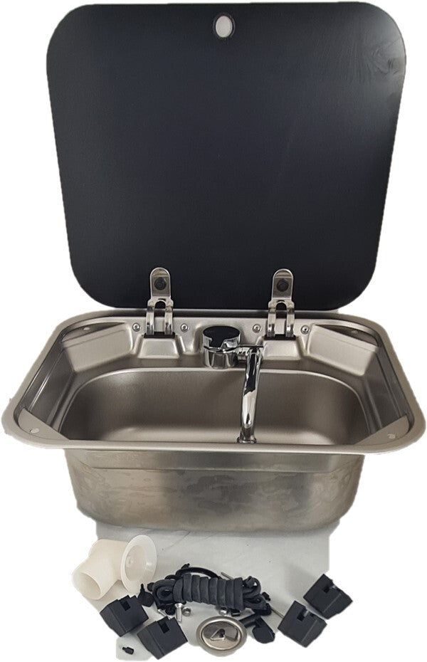 RV Flowmaster Stainless Steel Sink with Glass Lid + Folding Faucet