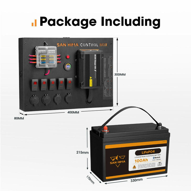 San Hima 12V 100Ah Lithium Iron Phosphate Battery + 12V Control Box W/ Fuse 4X4