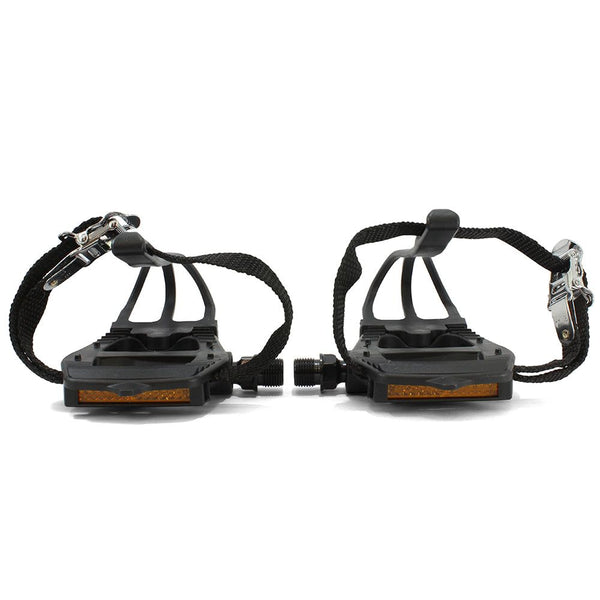 Bikelane Black Alloy Pedal and Nylon Toe Clip with Straps Set