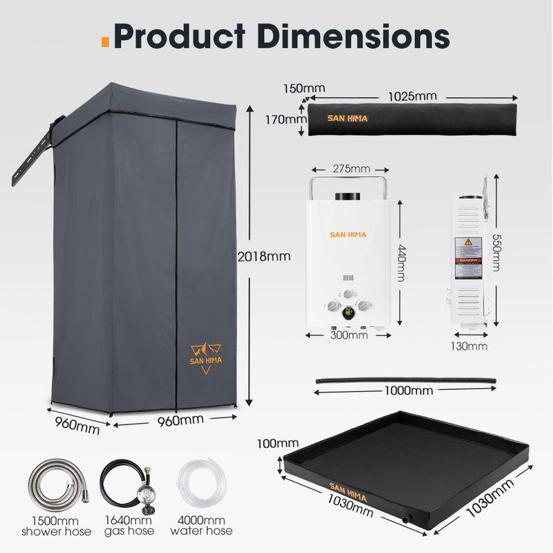 San Hima Shower Awning Instant Tent &Gas Hot Water Heater White&Shower Tent Base