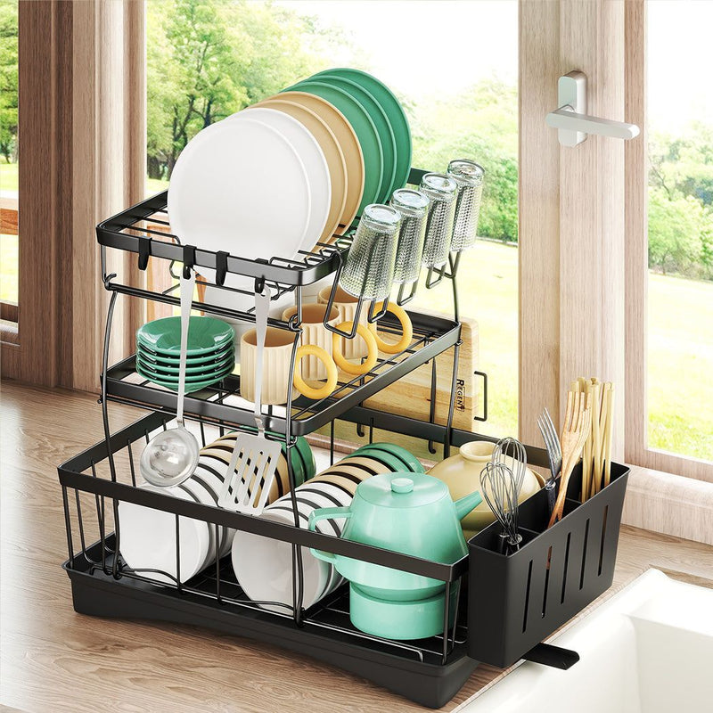 Toque Dish Drying Rack 3 Tier Plate Cup Drainer Cutlery Holder Kitchen Organizer