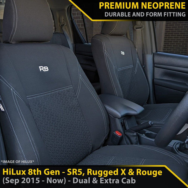 Razorback 4x4 GP6 Premium Neoprene Front Seat Covers For a Toyota HiLux 8th Gen (Leather Seats Only) SR5, Rugged X & Rogue (Sep 2015 - Current)