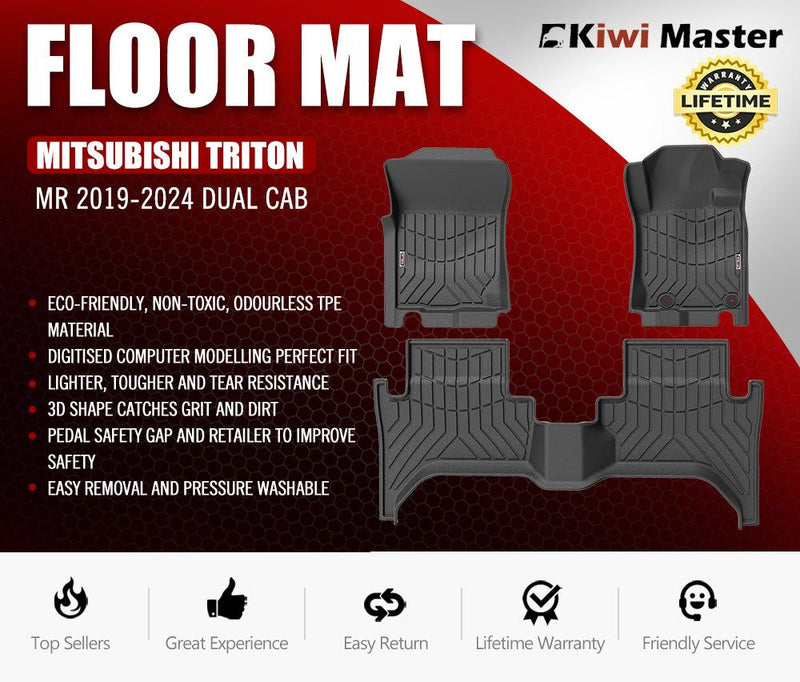 KIWI MASTER 3D TPE Car Floor Mats Liner fit Mitsubishi Triton MR 2019-Current Dual Cab Without Electric Seats